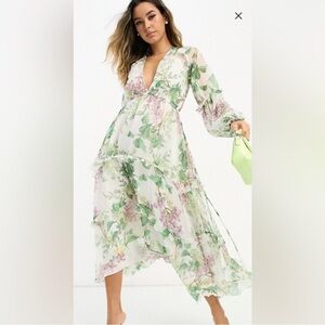 ASOS Green and Purple Floral Long Sleeve Dress